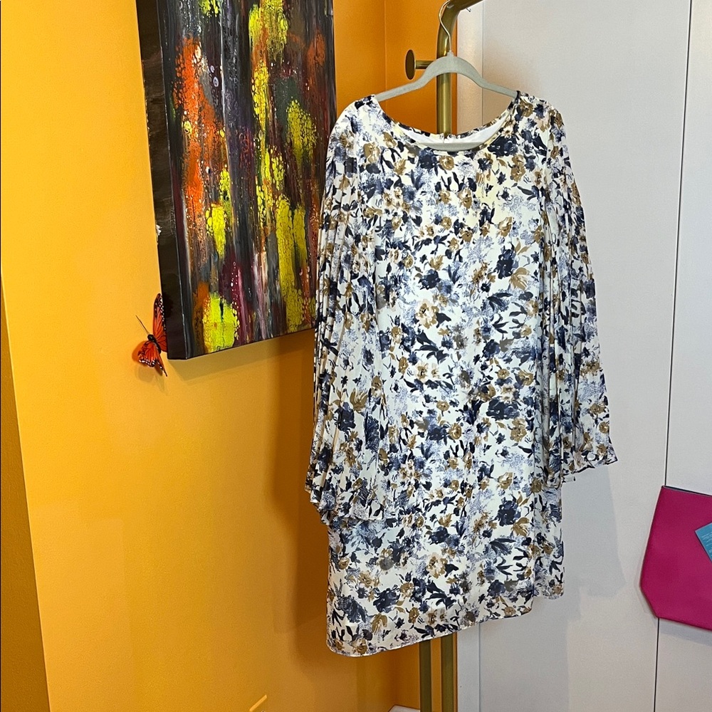 Floral Swing Dress in Navy and Tan - Picture 1 of 3